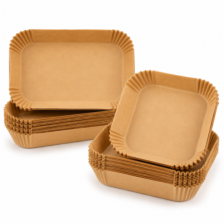 Set 150 hartii de copt pentru Air Fryer, Zola, 100 buc 20 x 20 cm + 50 buc 19.5 x 13 cm, antiaderente, siliconate, rezistente la 230°C, maro