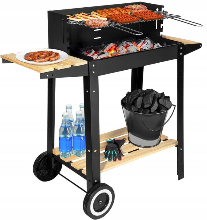 Gratar de gradina mobil, Zola, pe lemne si carbuni,  inaltime reglabila pe 4 niveluri, rotisor, raft si suport lateral, polita interioara, roti, metal si lemn, dimensiune 87 x 83 x 41.5 cm, negru