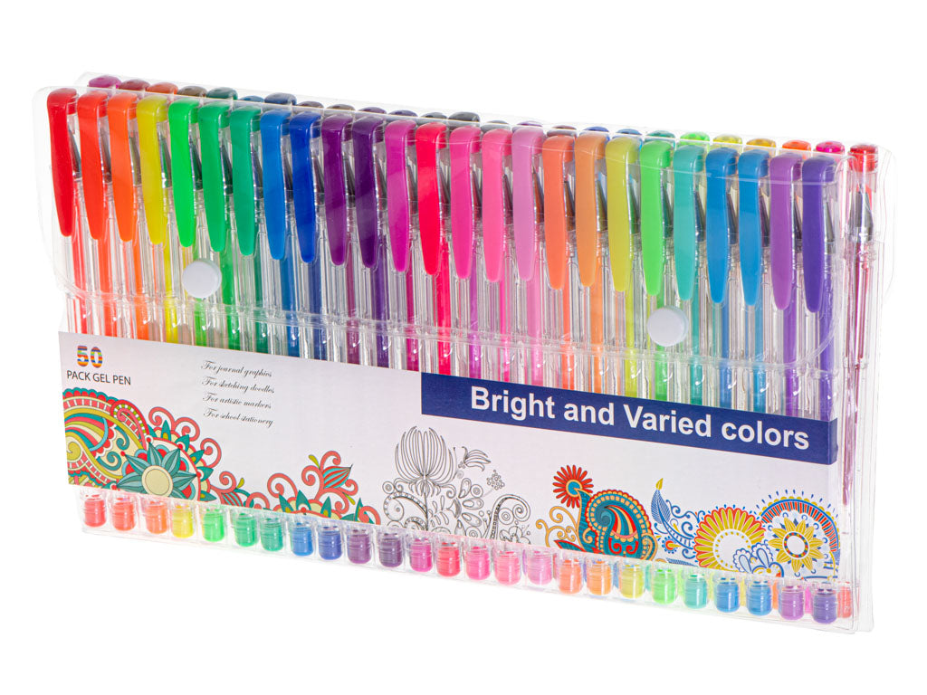 Set 50 de pixuri colorate, Zola®, cu gel,  sclipici, metalice, pastelate si fluorescente