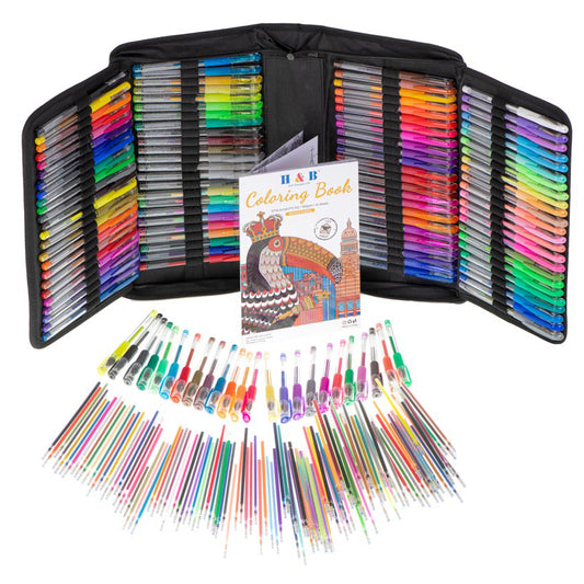 Set 120 pixuri cu gel + 120 de rezerve, 4 tipuri de culori, metalice, fluorescente, glitter si multicolore, geanta depozitare, carte de colorat