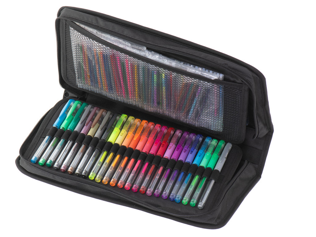 Set 120 pixuri cu gel + 120 de rezerve, 4 tipuri de culori, metalice, fluorescente, glitter si multicolore, geanta depozitare, carte de colorat