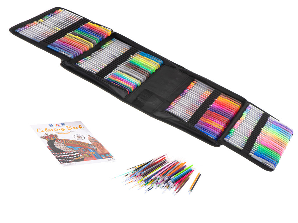 Set 120 pixuri cu gel + 120 de rezerve, 4 tipuri de culori, metalice, fluorescente, glitter si multicolore, geanta depozitare, carte de colorat