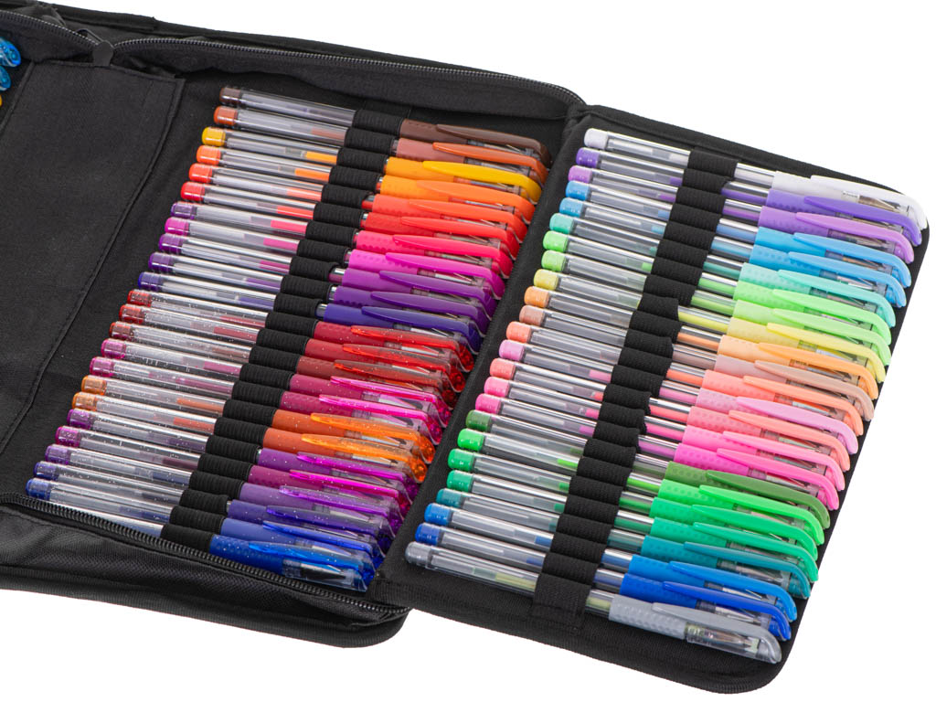 Set 120 pixuri cu gel + 120 de rezerve, 4 tipuri de culori, metalice, fluorescente, glitter si multicolore, geanta depozitare, carte de colorat