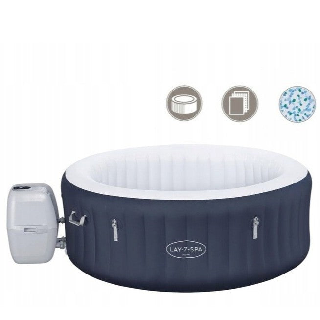 Jacuzzi gonflabil Spa, cu hidromasaj, Bestway 6001C Lay-Z-Spa Miami, sistem de comanda cu display digital, exterior / interior, 4 persoane, albastru inchis, 180 x 66 cm