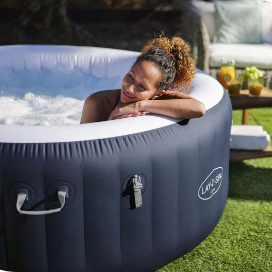 Jacuzzi gonflabil Spa, cu hidromasaj, Bestway 6001C Lay-Z-Spa Miami, sistem de comanda cu display digital, exterior / interior, 4 persoane, albastru inchis, 180 x 66 cm
