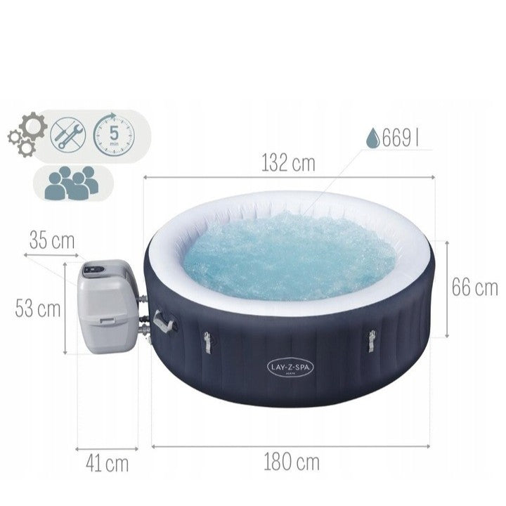 Jacuzzi gonflabil Spa, cu hidromasaj, Bestway 6001C Lay-Z-Spa Miami, sistem de comanda cu display digital, exterior / interior, 4 persoane, albastru inchis, 180 x 66 cm