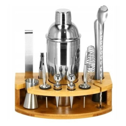 Set barman 12 piese pentru cocktail-uri, Zola, suport bambus, inox, 21 x 13.5 x 7 cm, arginitiu