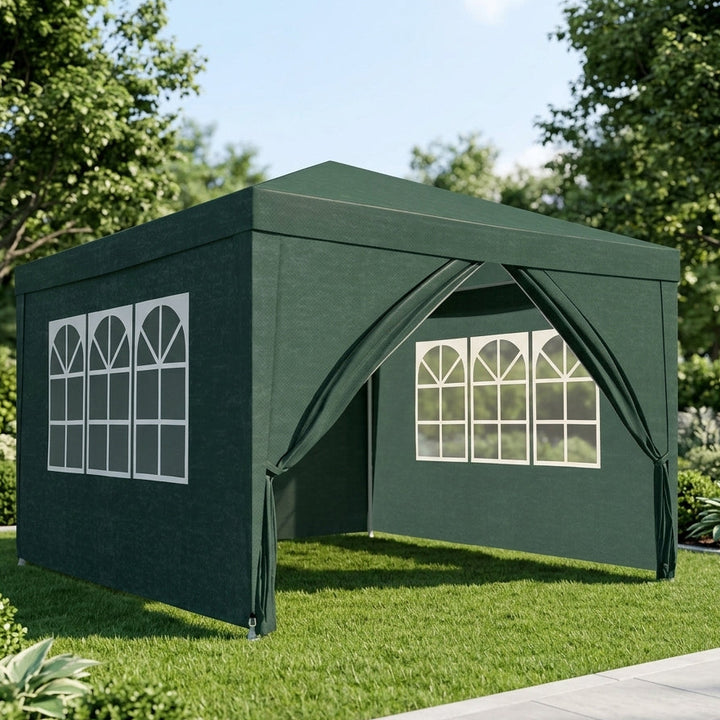 Pavilion gradina cu pereti detasabili, Zola, 3 x 3 x 2.5 m, 2 ferestre, usa, prindere velcro, cadru otel, polietilena 110 g/m², verde