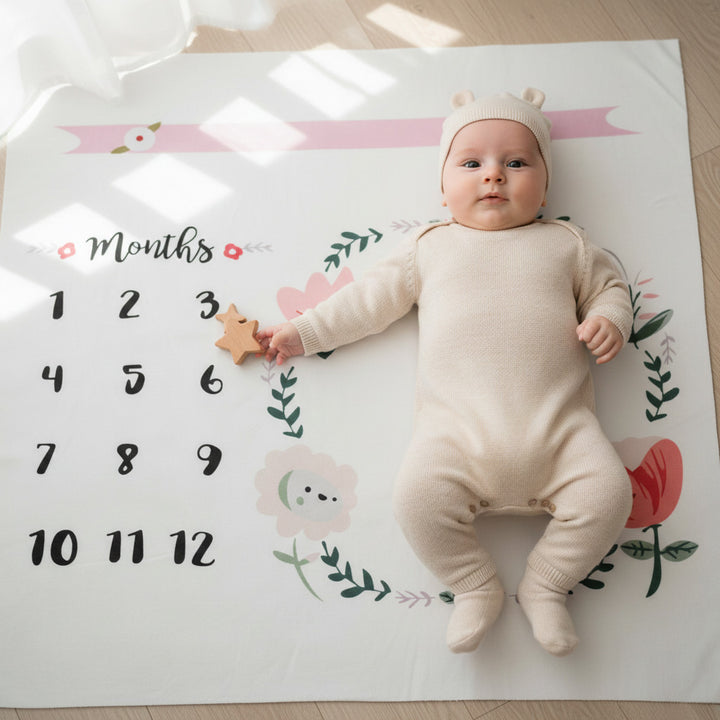 Covoras bebelusi, Zola®, fundal pentru poze, model cu flori, material moale, 1-12 luni, 103x103 cm