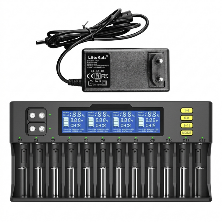 Incarcator baterii universal, Zola, 12 sloturi, pentru AA / AAA / 9V, afisaj LCD, negru
