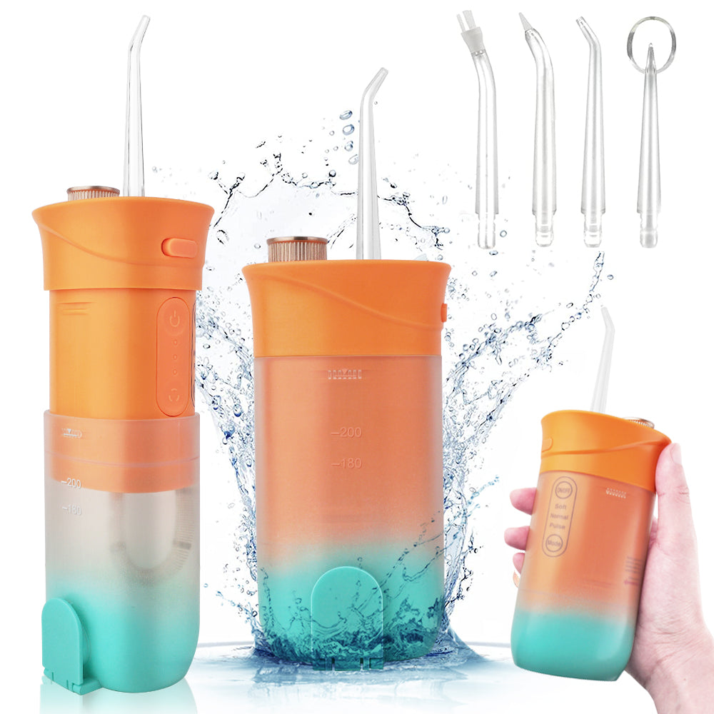 Irigator oral pentru dus bucal, Zola, 4 duze intreschimbabile, cap rotativ 360 grade, rezervor 200 ml, 3 moduri de curatare, IPX7, portabil, USB, portocaliu/albastru