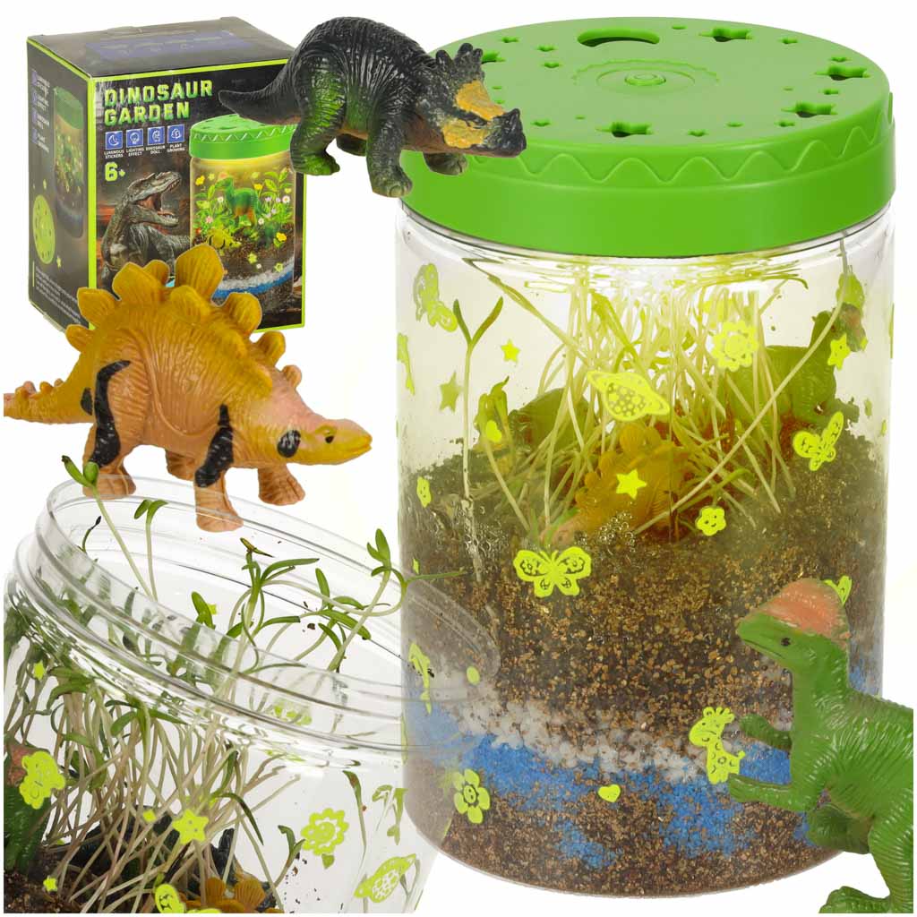 Kit de terariu cu lumini LED pentru copii, Zola, 3 dinozauri, accesorii incluse, 10 x 10 x 16 cm