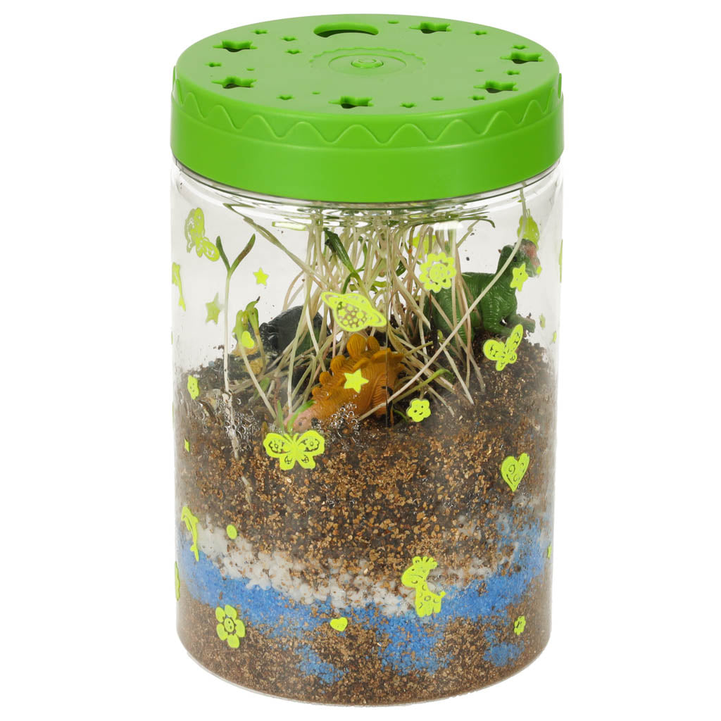 Kit de terariu cu lumini LED pentru copii, Zola, 3 dinozauri, accesorii incluse, 10 x 10 x 16 cm