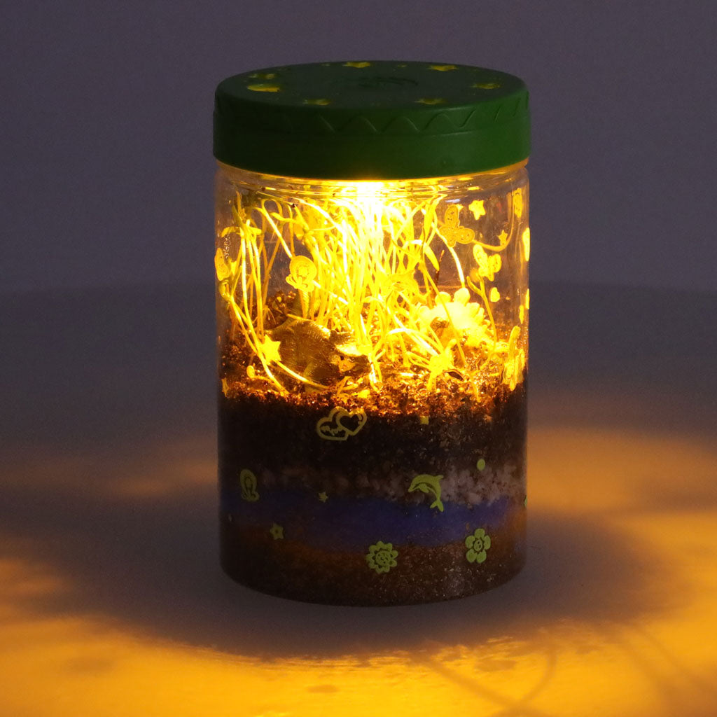 Kit de terariu cu lumini LED pentru copii, Zola, 3 dinozauri, accesorii incluse, 10 x 10 x 16 cm