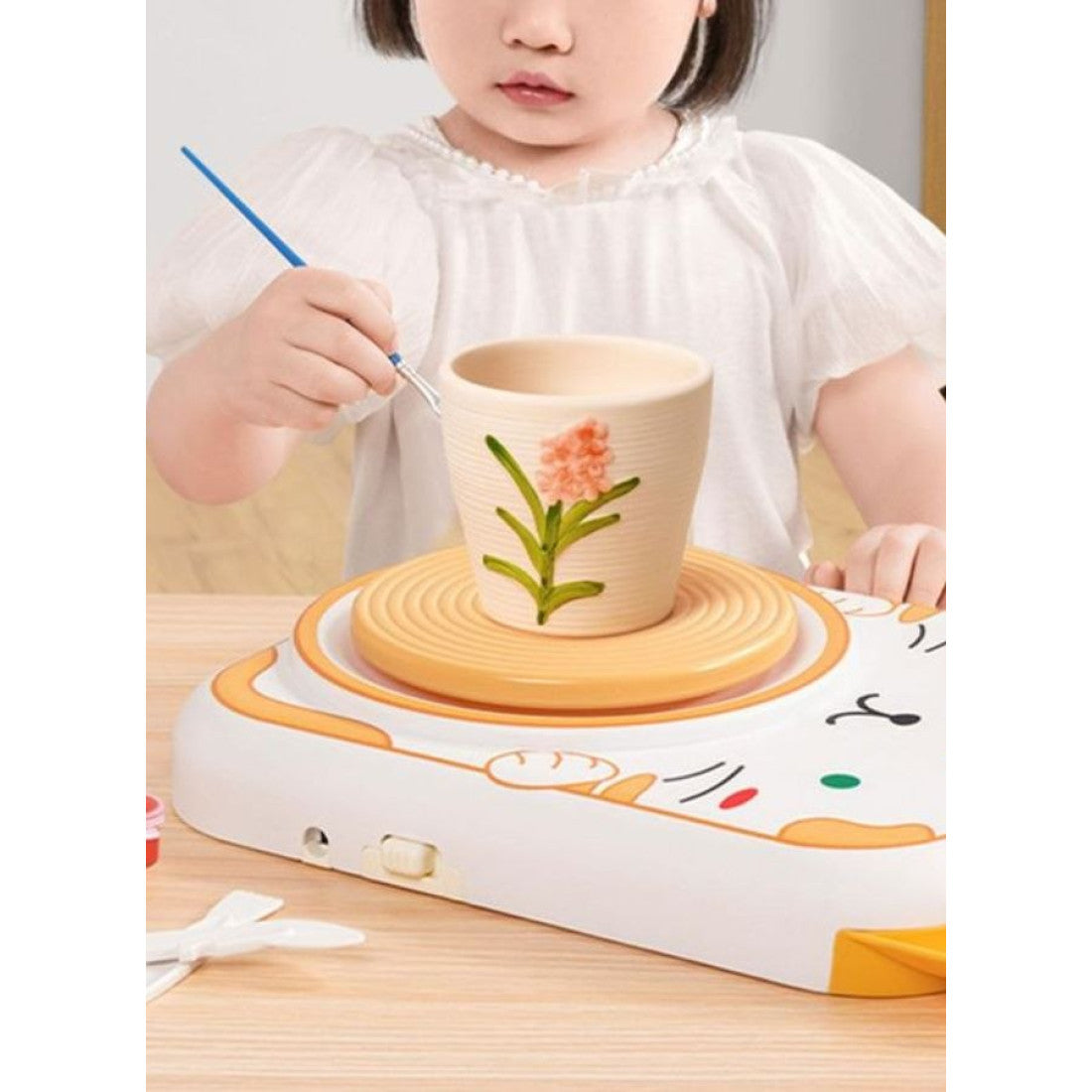 Set de olarit pentru copii, Zola, roata olarului model pisica, lut, instrumente de modelat, acuarele, pensule, cablu alimentare USB
