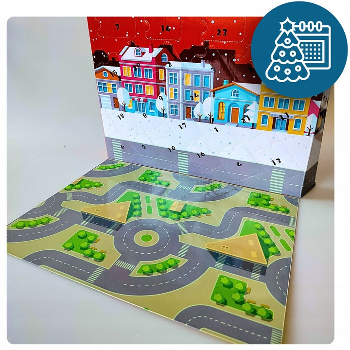 Calendar Advent pentru copii cu 24 masinute, Zola, cutie transformabila in pista de joaca, masinute 3.5-5.5 cm, multicolore