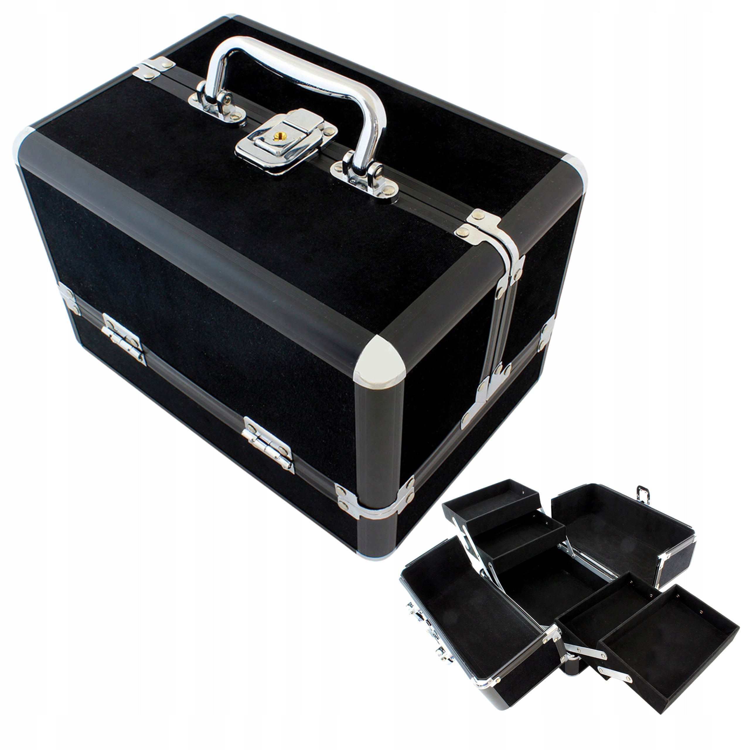 Genta makeup pentru depozitat cosmetice, Zola®, 5 compartimente, material aluminiu si velur, 25x17x17 cm, neagra