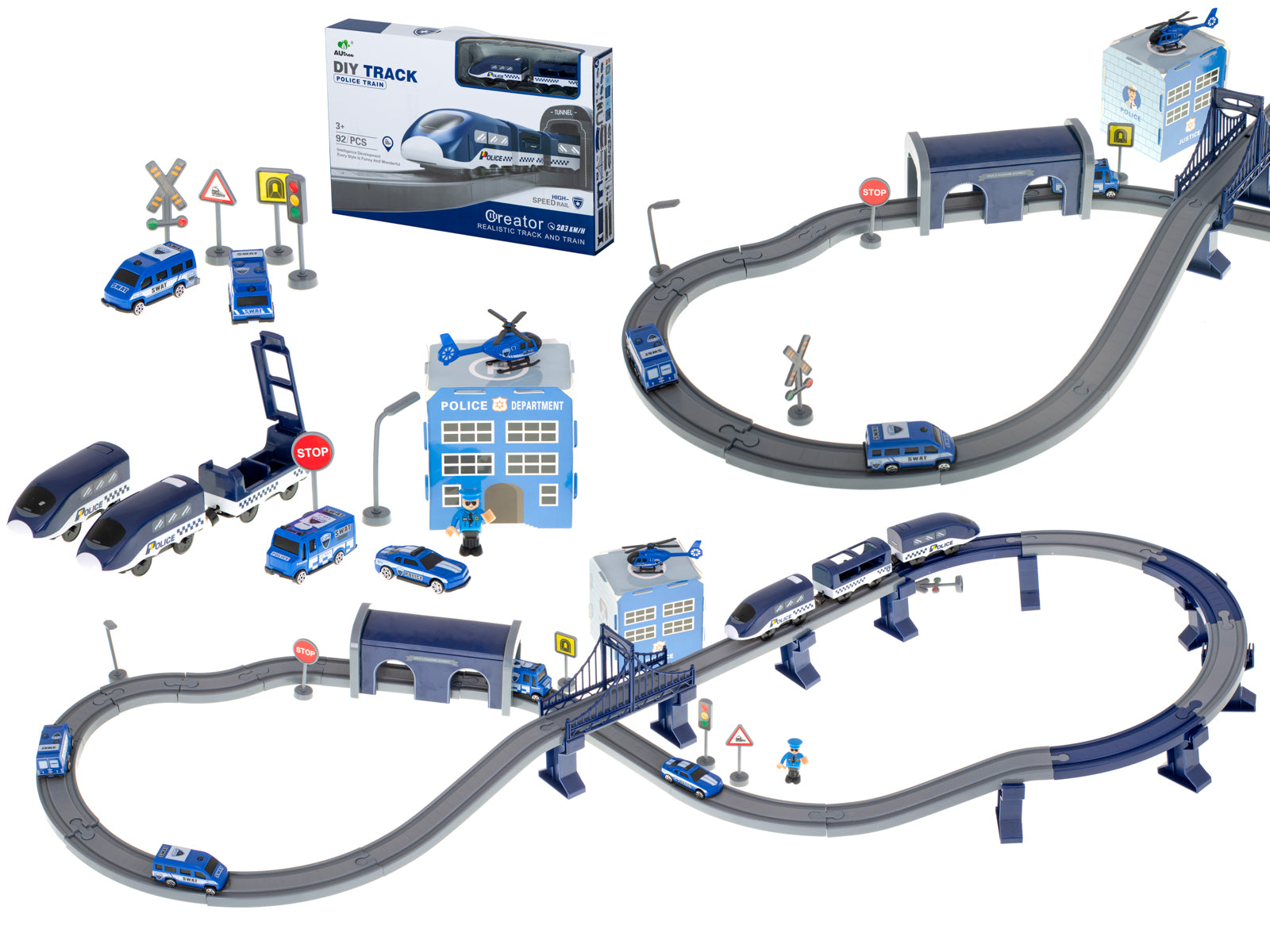 Pista tren si vagoane electrice de politie pentru copii, Zola®, masinuta, autobuz, figurina, 92 piese, 300 cm