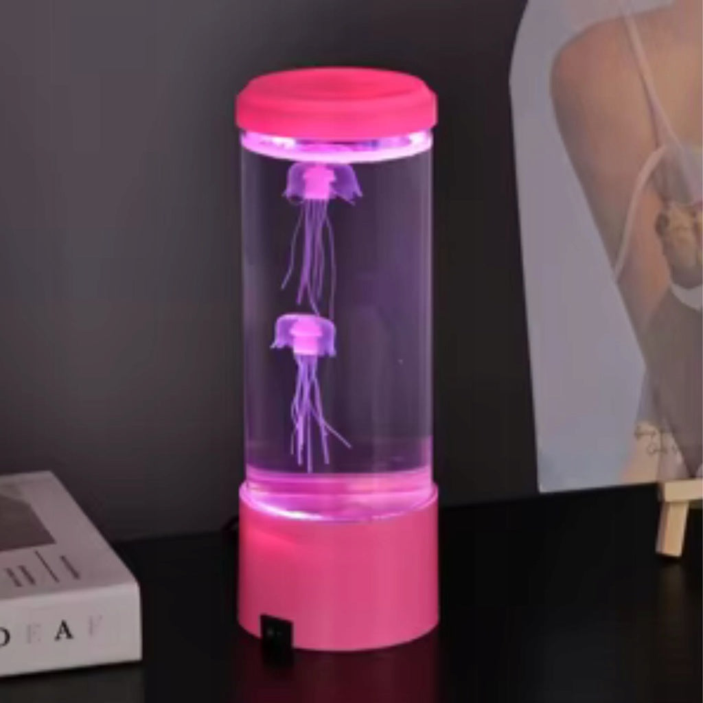 Lampa LED RGB ambientala Jellyfish, Zola, 2 meduze artificiale, efect acvariu, alimentare USB/baterii, 8 × 22 cm, roz