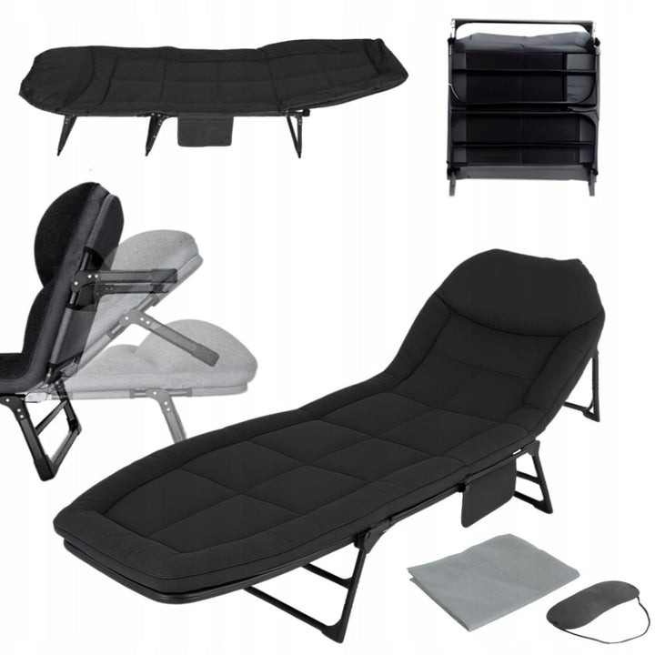 Pat pentru camping pliabil, Zola, reglabil in 5 trepte, greutate suportata 110 kg, saltea moale, mecanism de blocare, buzunar lateral, cadru fier, material Oxford, 193 x 66 x 31 cm, negru/gri