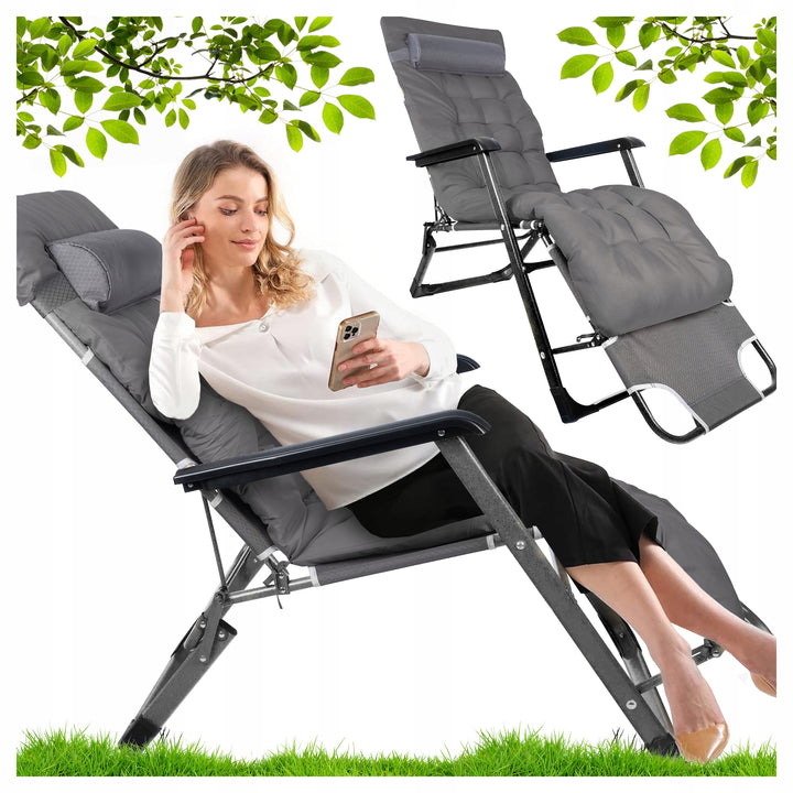 Sezlong de gradina pliabil si rabatabil cu manere, Zola, spatar reglabil, functie pat, perna confortabila inclusa, pernita pentru gat detasabila, cadru otel, greutate suportata 120 Kg, 180 x 46 x 24 cm, gri