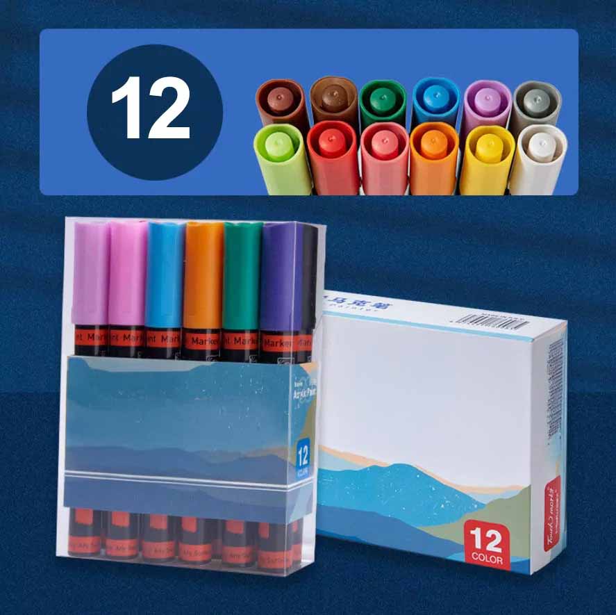 Set 12 de markere cu vopsea acrilica, Zola, varf 2 mm, rezistente la apa,  pentru pictura pe hartie, panza, piatra, sticla, lemn, textile si ceramica, uscare rapida, multicolore