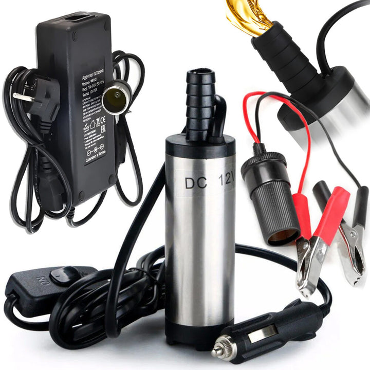 Pompa auto cu filtru transfer lichide, Zola, 12V, debit 12 l/min, 8500 RPM, alimentare priza bricheta, adaptor priza si cleme alimentare, otel inoxidabil