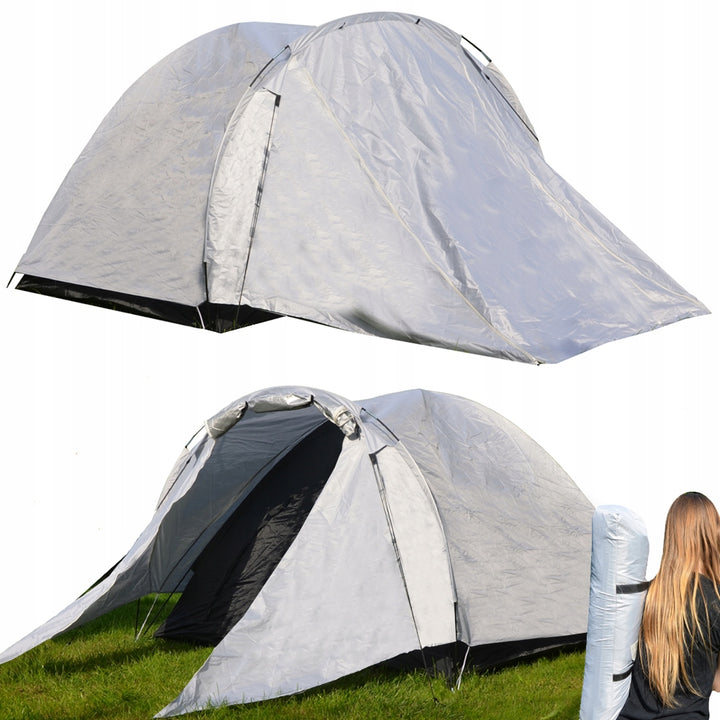 Cort camping, Zola, 4 persoane, 1 camera, din poliester, 360x120x130 cm, gri