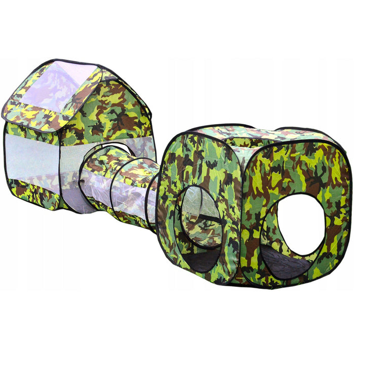 Cort de joaca pentru copii 3 in 1, Zola, cu tunel si spatiu de joaca pentru copii, potrivit pentru interior si exterior, plasa, 230 x 70 x 85 cm, verde army