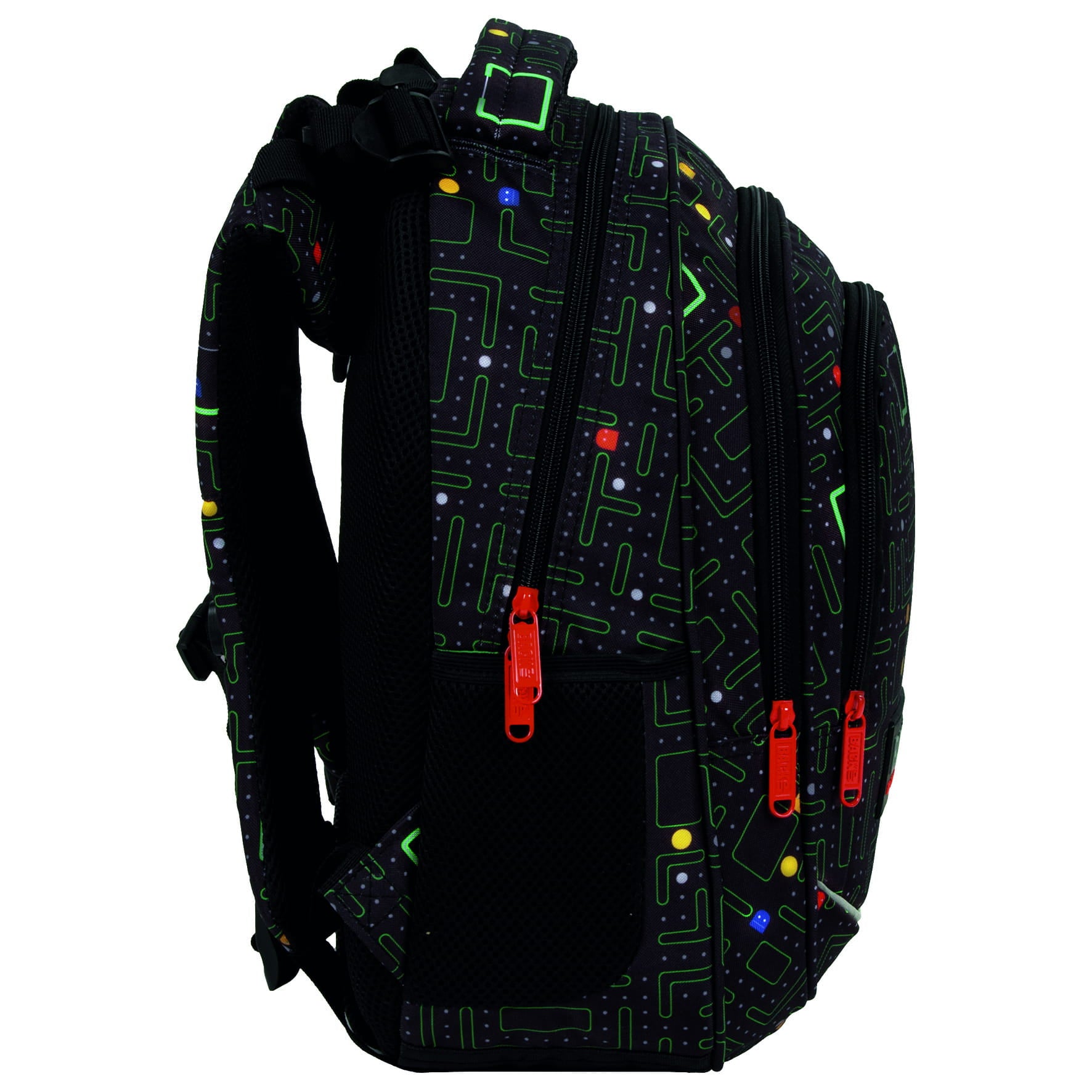 Ghiozdan scolar ergonomic, Zola, compartimente multiple, 39 x 27 x 20 cm, elemente reflectorizante, model Pac Man, negru