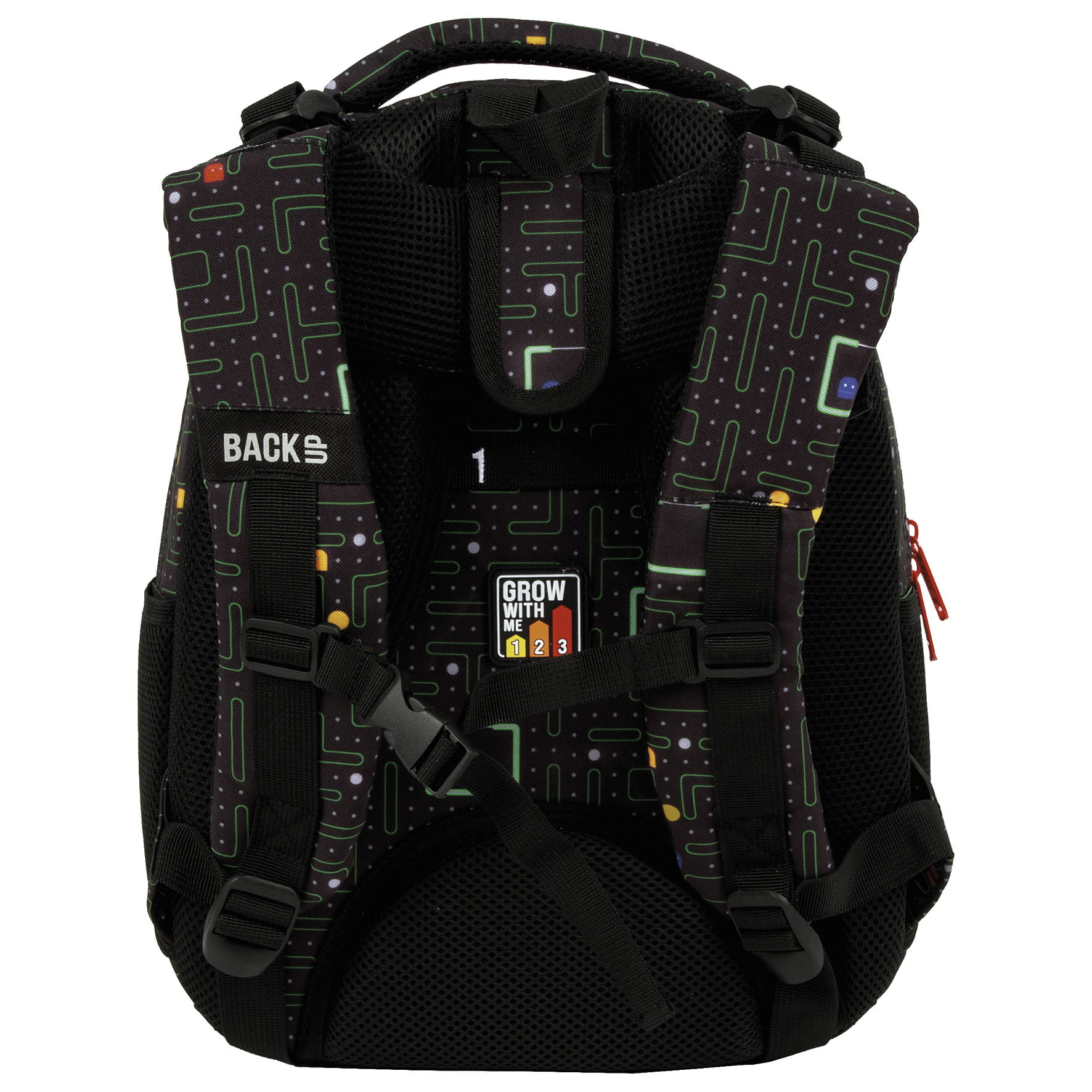 Ghiozdan scolar ergonomic, Zola, compartimente multiple, 39 x 27 x 20 cm, elemente reflectorizante, model Pac Man, negru