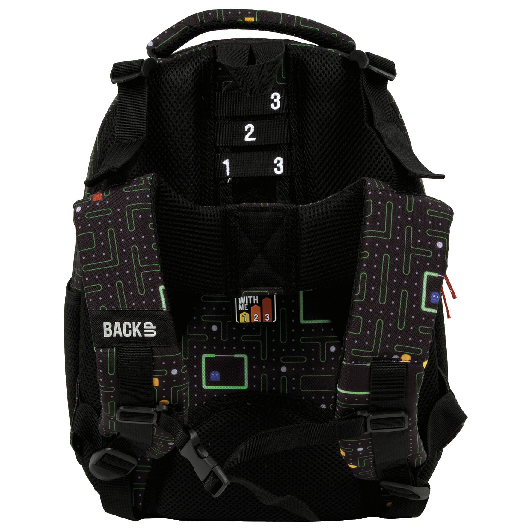 Ghiozdan scolar ergonomic, Zola, compartimente multiple, 39 x 27 x 20 cm, elemente reflectorizante, model Pac Man, negru