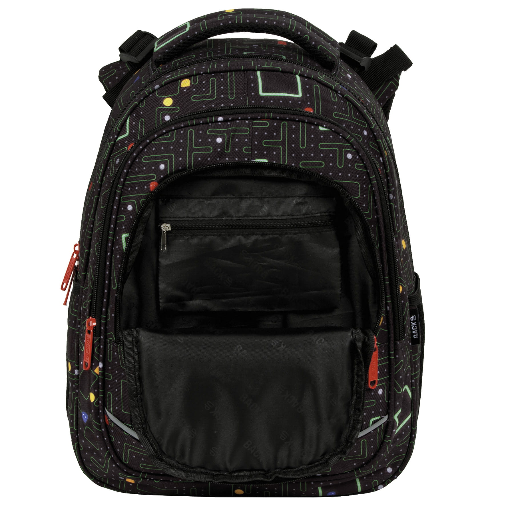Ghiozdan scolar ergonomic, Zola, compartimente multiple, 39 x 27 x 20 cm, elemente reflectorizante, model Pac Man, negru