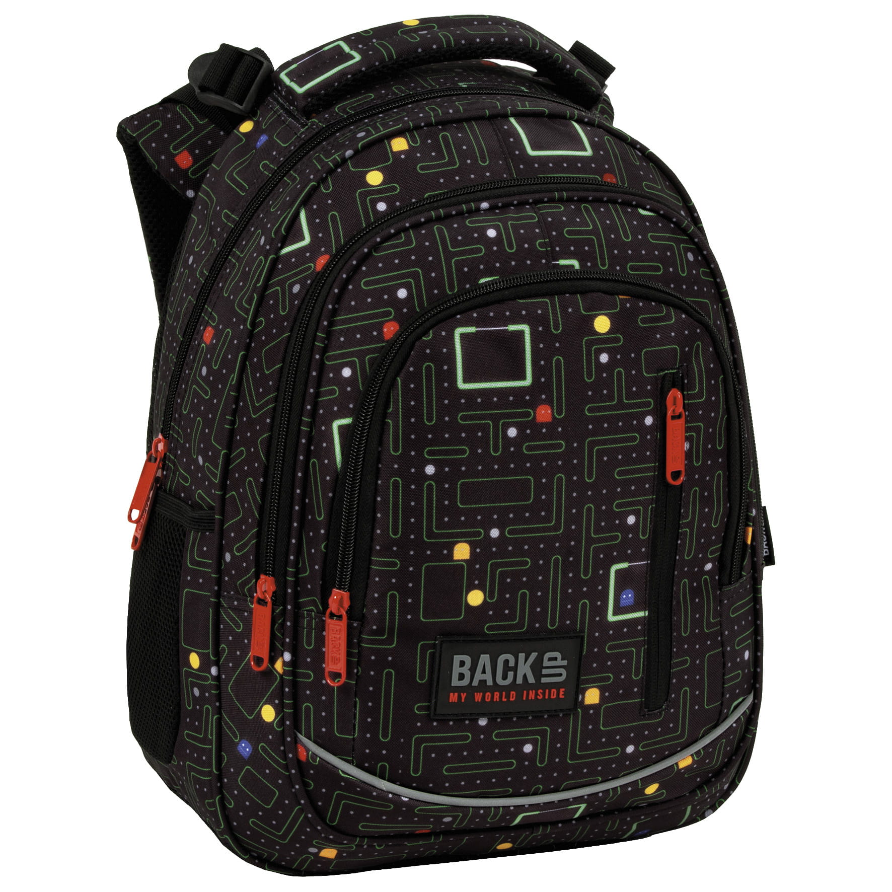 Ghiozdan scolar ergonomic, Zola, compartimente multiple, 39 x 27 x 20 cm, elemente reflectorizante, model Pac Man, negru