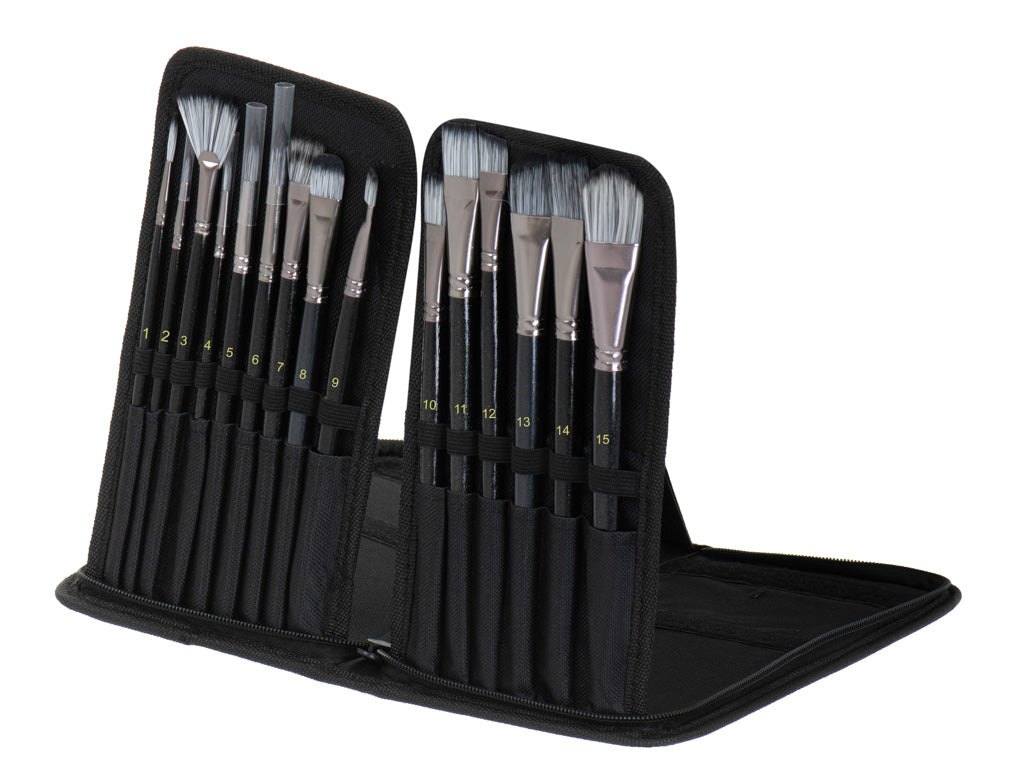 Set 15 pensule pentru pictat de diferite dimensiuni, Zola, cu husa pentru depozitare, neagra, 27x14x3 cm