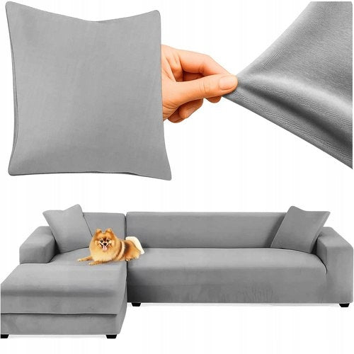 Husa din catifea pentru canapea si fata de perna, Zola, universala, lungime 190-230 cm, dimensiuni perna 45 x 45 cm, benzi elastice, impermeabila, gri inchis