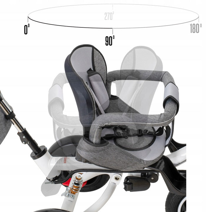 Tricicleta 3 in 1 copii, Zola, scaun 360°, spatar reglabil, ghidon 70-110 cm, baldachin pliabil, centuri, roti spate blocabile, maner reglabil, greutate suportata 30 kg, geanta, gri/negru
