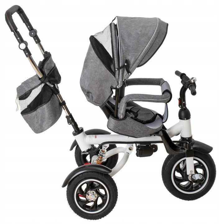 Tricicleta 3 in 1 copii, Zola, scaun 360°, spatar reglabil, ghidon 70-110 cm, baldachin pliabil, centuri, roti spate blocabile, maner reglabil, greutate suportata 30 kg, geanta, gri/negru