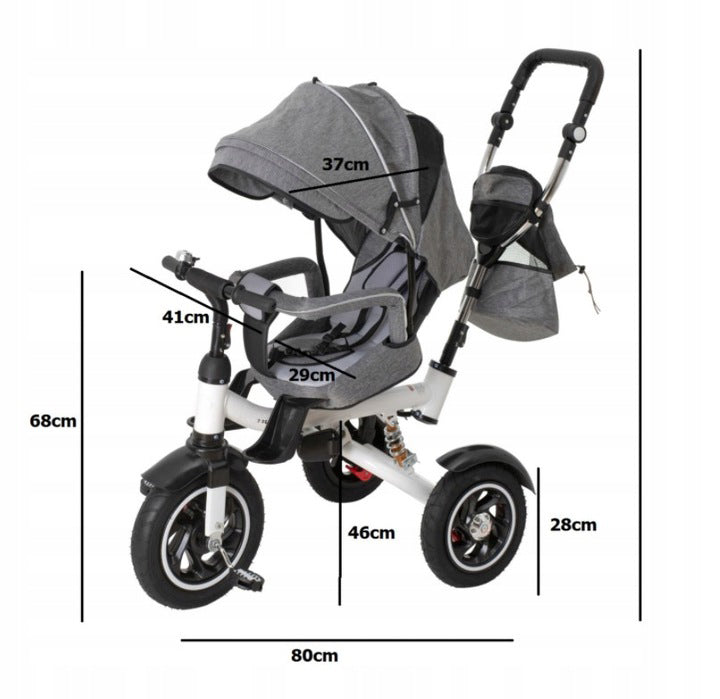 Tricicleta 3 in 1 copii, Zola, scaun 360°, spatar reglabil, ghidon 70-110 cm, baldachin pliabil, centuri, roti spate blocabile, maner reglabil, greutate suportata 30 kg, geanta, gri/negru