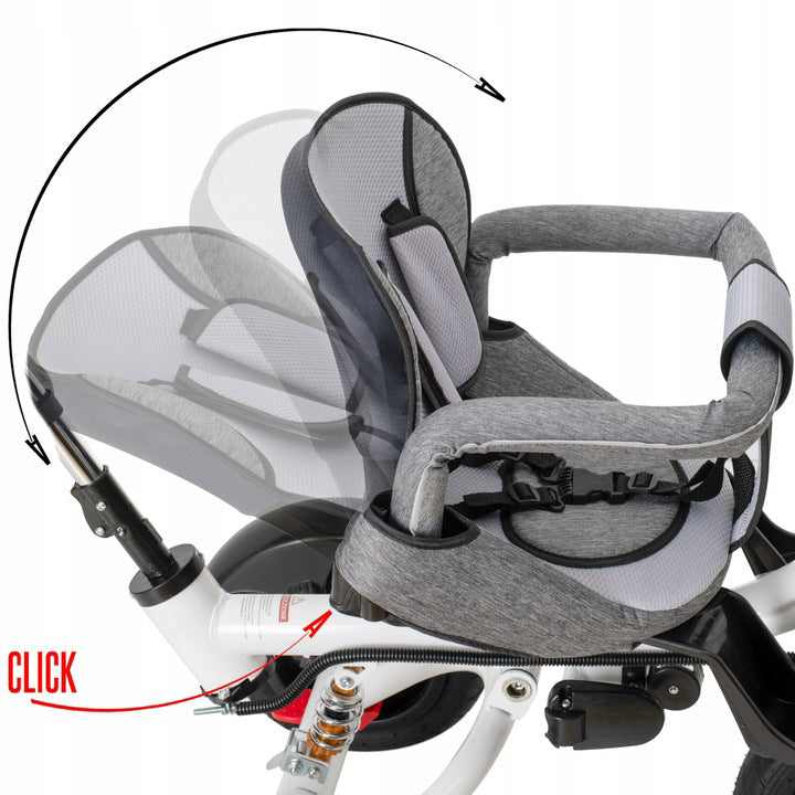 Tricicleta 3 in 1 copii, Zola, scaun 360°, spatar reglabil, ghidon 70-110 cm, baldachin pliabil, centuri, roti spate blocabile, maner reglabil, greutate suportata 30 kg, geanta, gri/negru