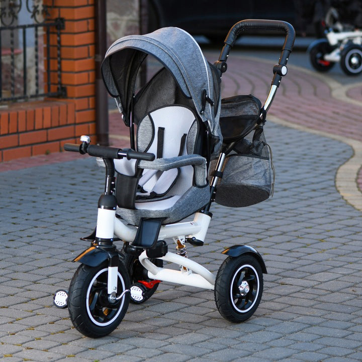 Tricicleta 3 in 1 copii, Zola, scaun 360°, spatar reglabil, ghidon 70-110 cm, baldachin pliabil, centuri, roti spate blocabile, maner reglabil, greutate suportata 30 kg, geanta, gri/negru