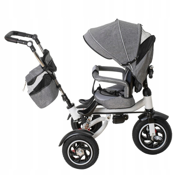 Tricicleta 3 in 1 copii, Zola, scaun 360°, spatar reglabil, ghidon 70-110 cm, baldachin pliabil, centuri, roti spate blocabile, maner reglabil, greutate suportata 30 kg, geanta, gri/negru