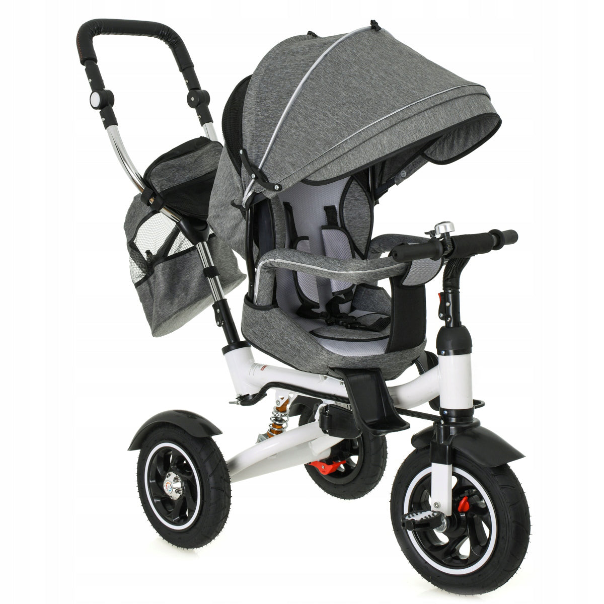 Tricicleta 3 in 1 copii, Zola, scaun 360°, spatar reglabil, ghidon 70-110 cm, baldachin pliabil, centuri, roti spate blocabile, maner reglabil, greutate suportata 30 kg, geanta, gri/negru
