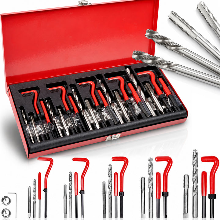 Kit reparatii filete, Zola, 131 piese, M5-M12, otel HSS4341 si insertii inox, valiza depozitare, rosu/negru