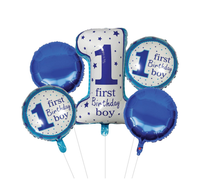 Set 5 baloane, ETK, modele si marimi diferite, albastru metalizat, 1 first birthday boy