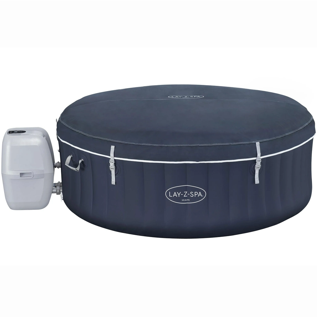 Jacuzzi gonflabil Spa, cu hidromasaj, Bestway 6001C Lay-Z-Spa Miami, sistem de comanda cu display digital, exterior / interior, 4 persoane, albastru inchis, 180 x 66 cm