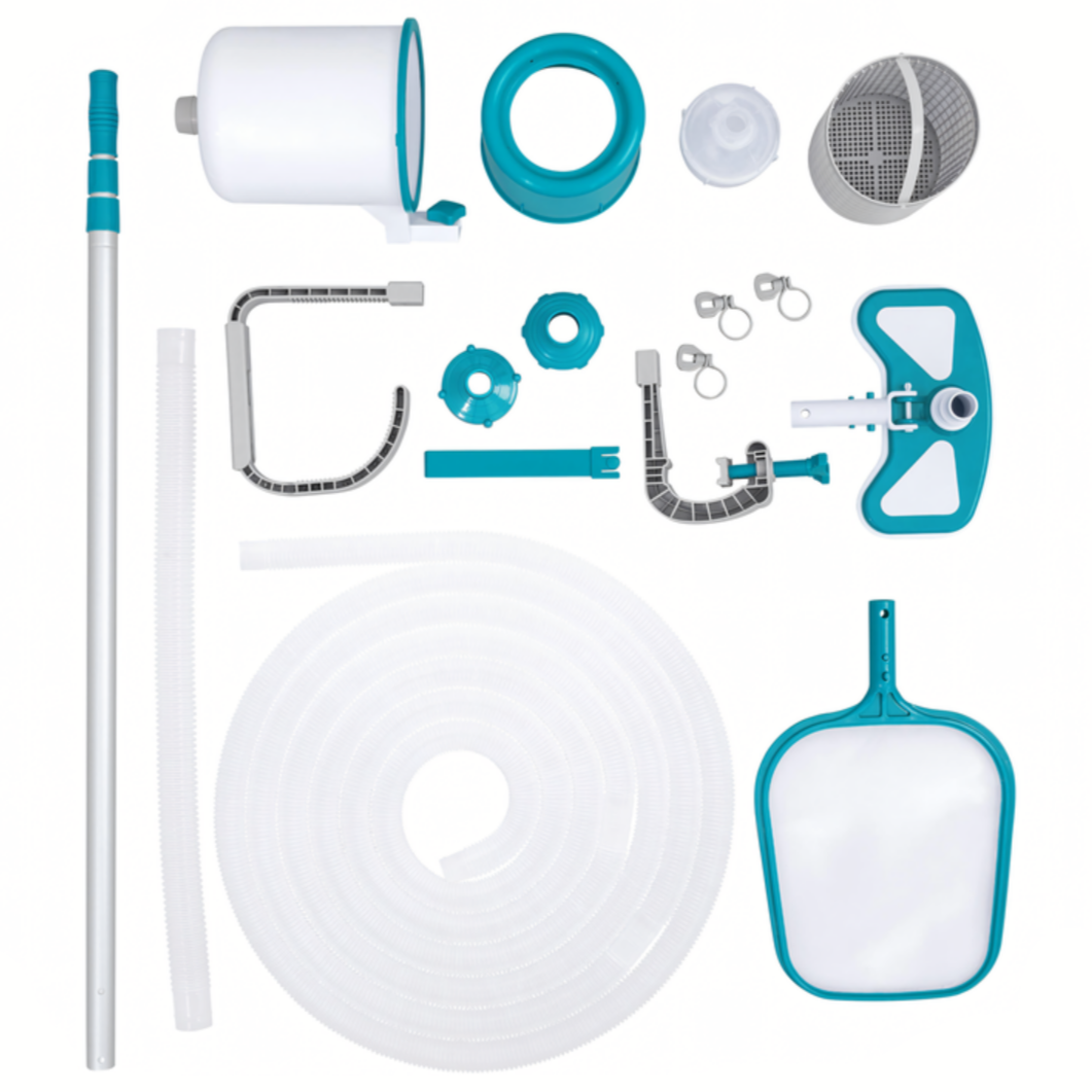 Kit de curatare pentru piscine, Zola®, 5 piese, maner reglabil, 279 cm, plasa colectare, conectare cu pompa de filtrare