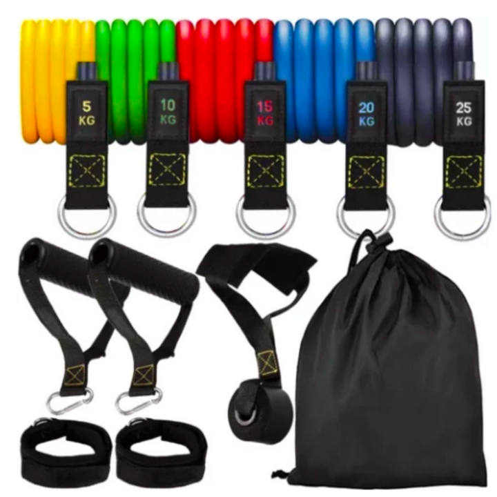 Set 5 benzi pentru exercitii si accesorii, Zola, pentru antrenament, rezistenta 5/10/15/20/25 kg, 2 manere, 2 curele, curea fixare usa, sac depozitare