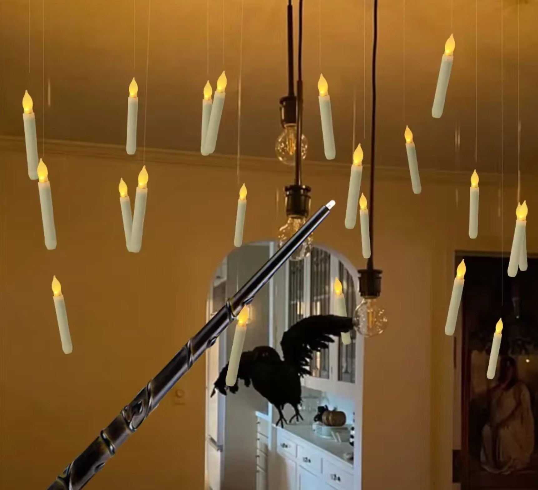 Set 12 lumanari LED magice si telecomanda bagheta, Zola, lumina alb cald, suspendate, accesorii montare, 16.5 cm, alb