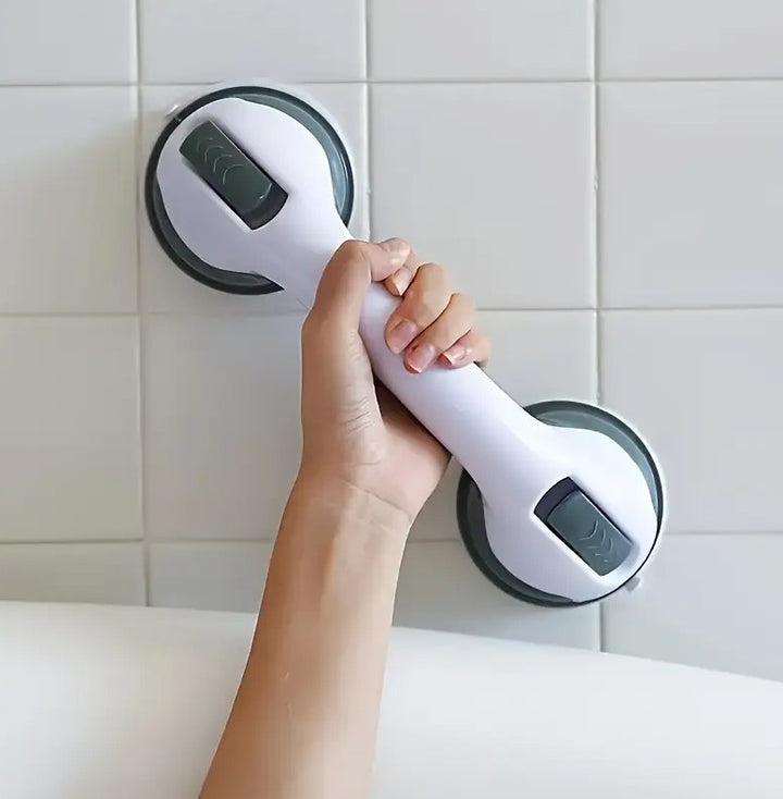 Maner de spijin pentru baie si dus, Zola, ajutor ideal pentru suport suplimentar, fixare ventuze cu vid, diametru ventura 9.5 cm, ABS, 29 x 10 cm, alb/gri